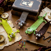 Marque-page crochet animal – Rat ou Gecko fait main en coton Oeko-Tex