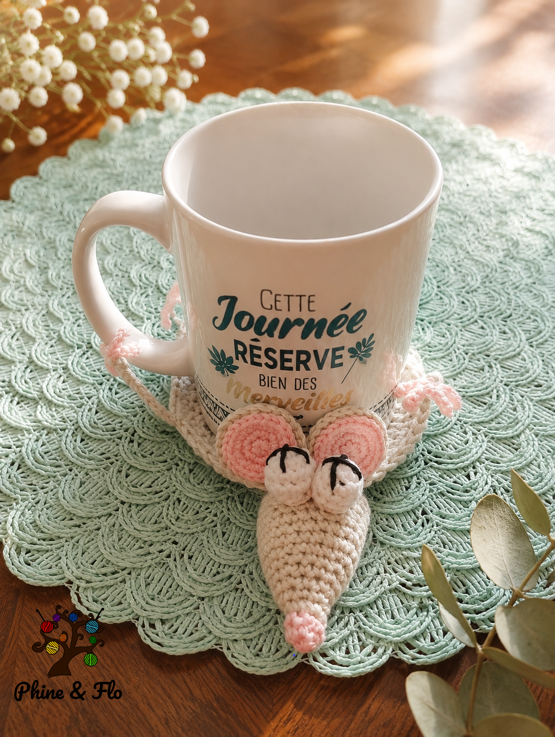Sous-verre crochet animal fait main en coton Oeko-Tex – Souris, grenouille, lézard, tortue, dindon, canard ou scrat – Image 3